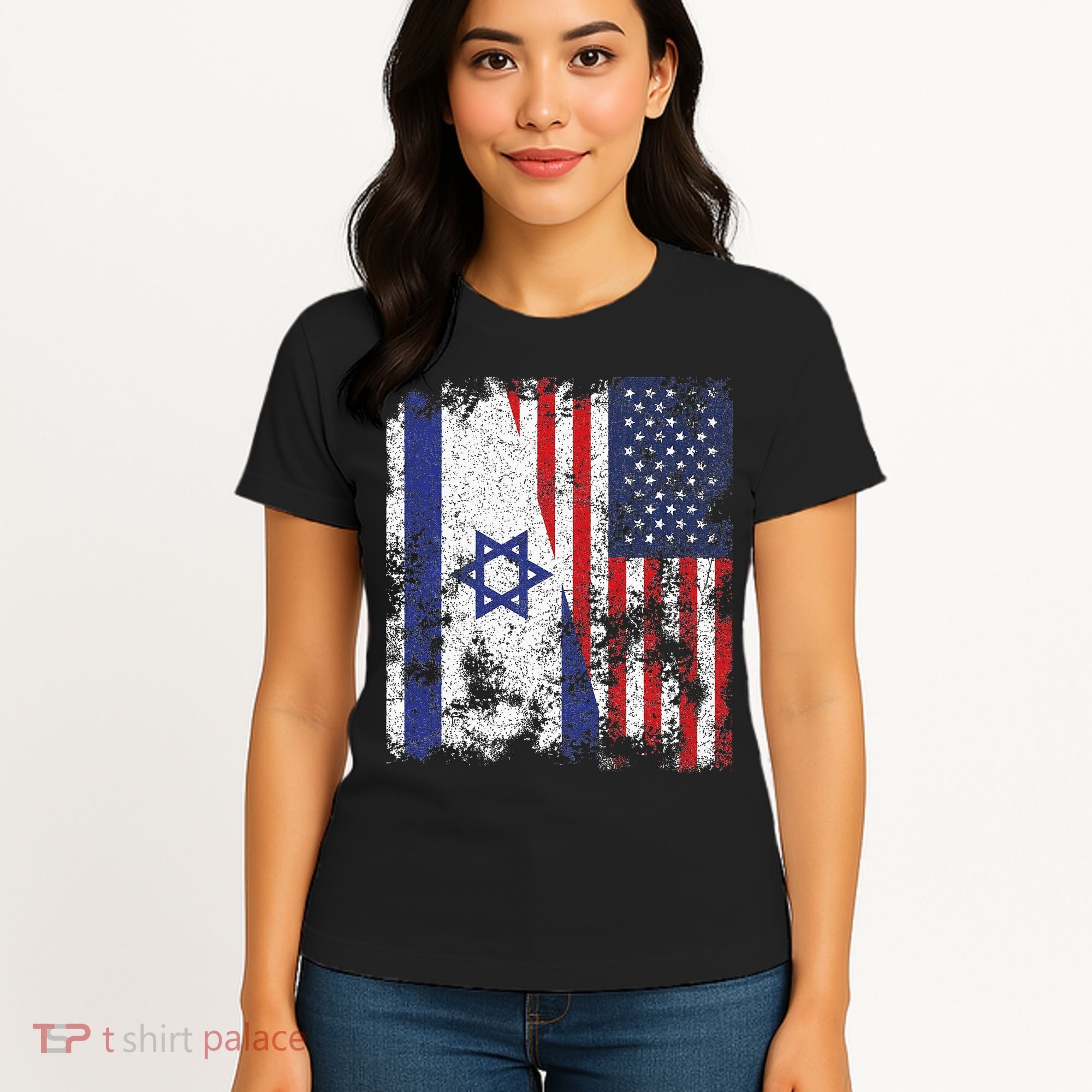 Israel USA Flag Distressed Half American Women's T-Shirt