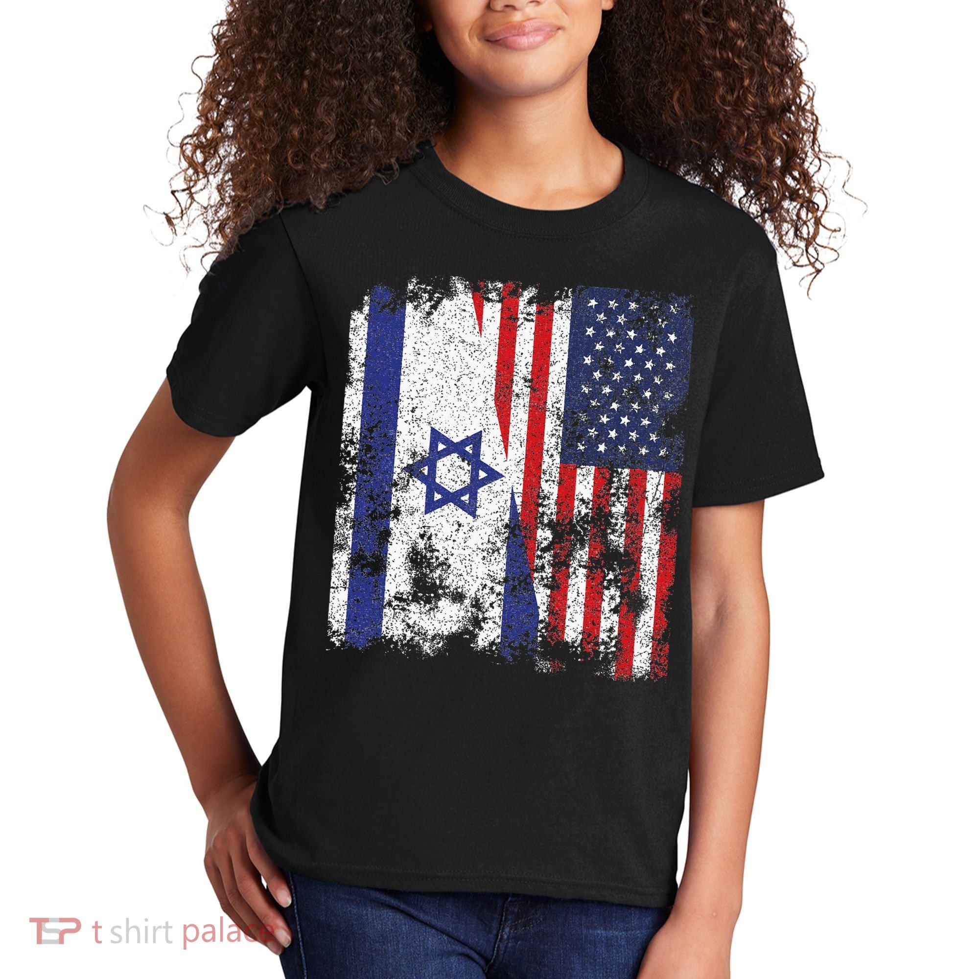 Israel USA Flag Distressed Half American Kids T-Shirt