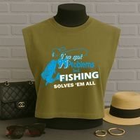 I've Got 99 Problem but Fishing Solves Them All Garment-Dyed Women's Muscle Tee thumb 3