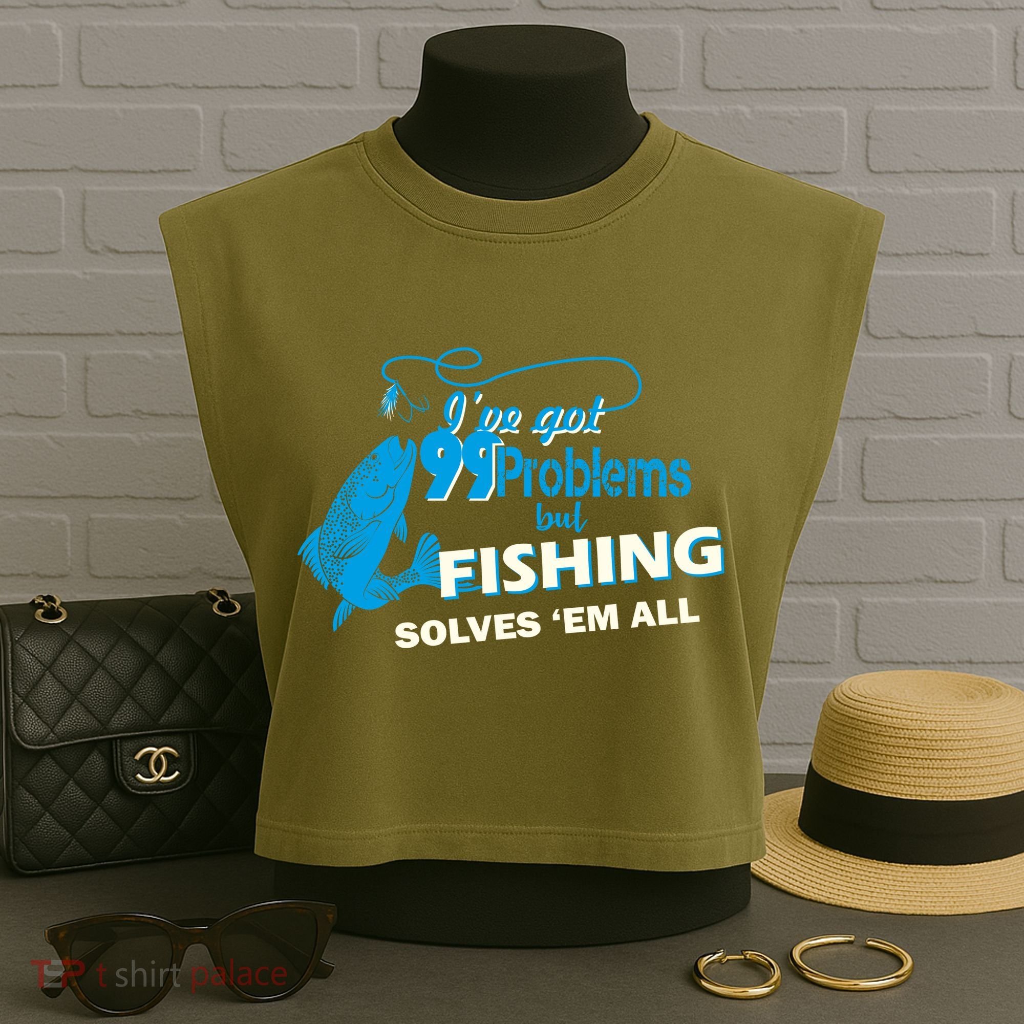 I've Got 99 Problem but Fishing Solves Them All Garment-Dyed Women's Muscle Tee