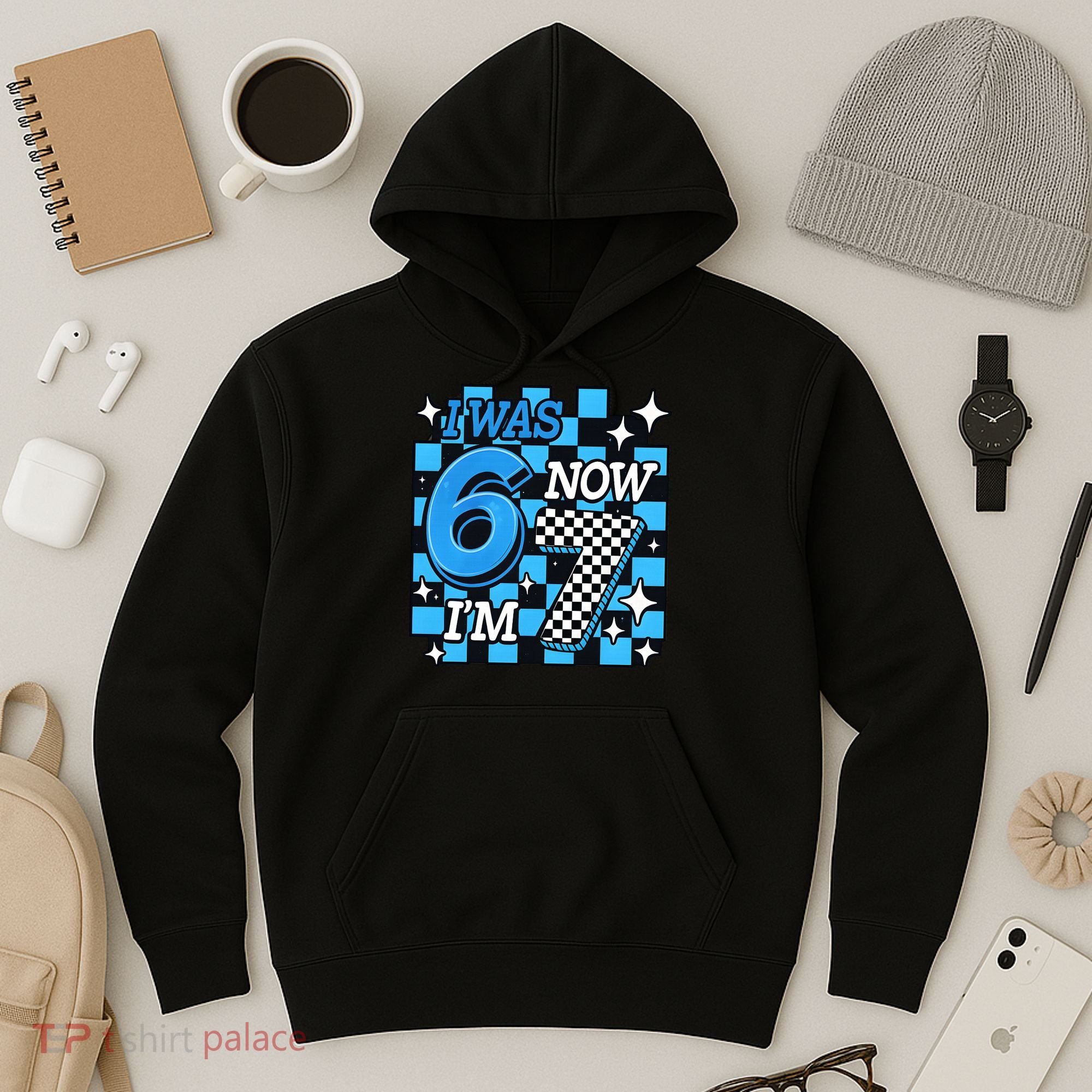 I Was 6 Now I'm 7 Birthday Bday Blue Checkered Hoodie