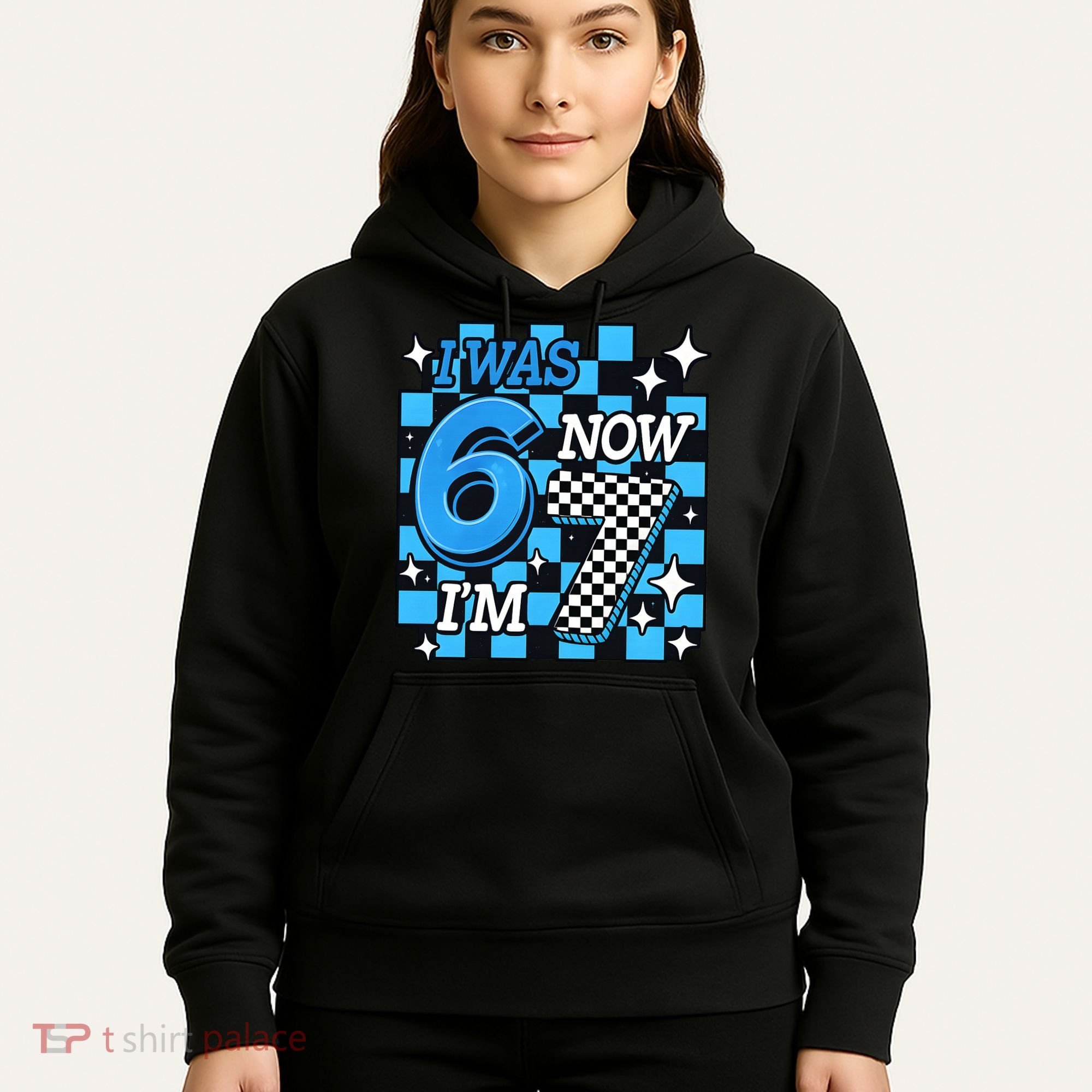 I Was 6 Now I'm 7 Birthday Bday Blue Checkered Hoodie
