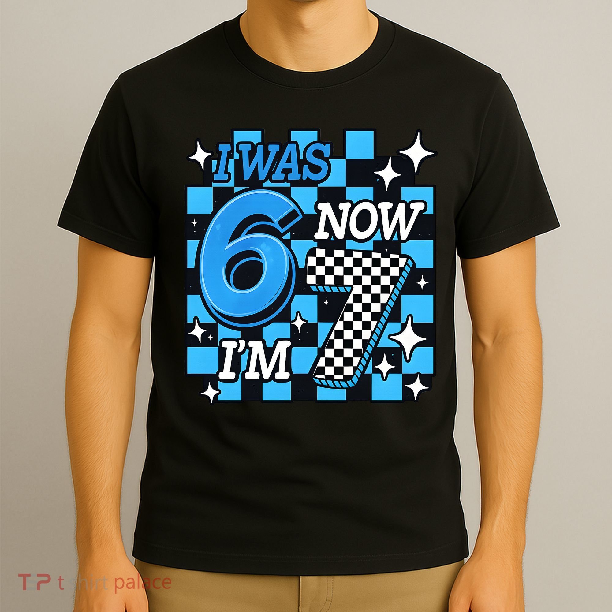 I Was 6 Now I'm 7 Birthday Bday Blue Checkered T-Shirt