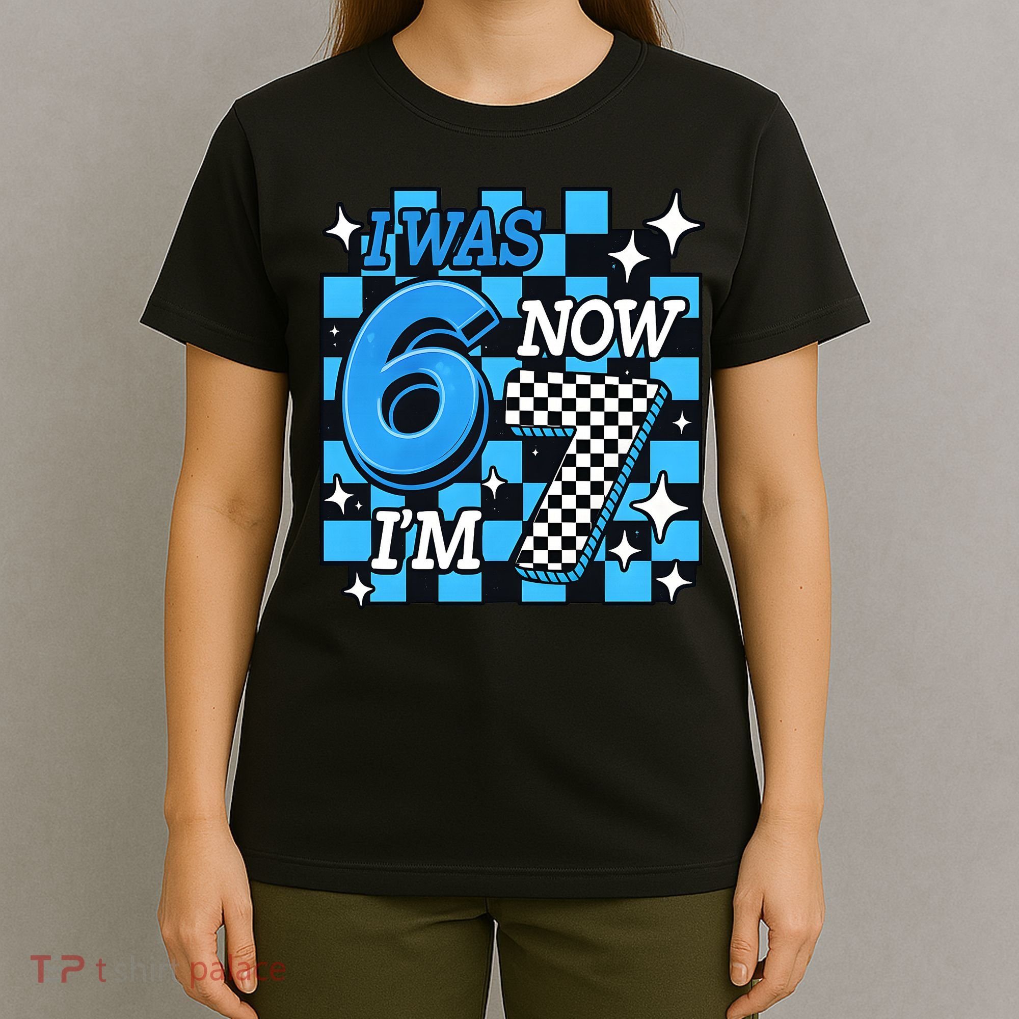 I Was 6 Now I'm 7 Birthday Bday Blue Checkered T-Shirt