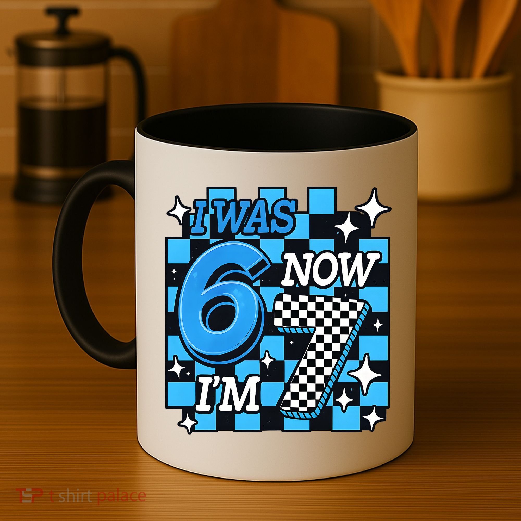 I Was 6 Now I'm 7 Birthday Bday Blue Checkered Coffee Mug