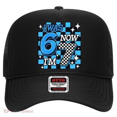 I Was 6 Now I'm 7 Birthday Bday Blue Checkered Hat