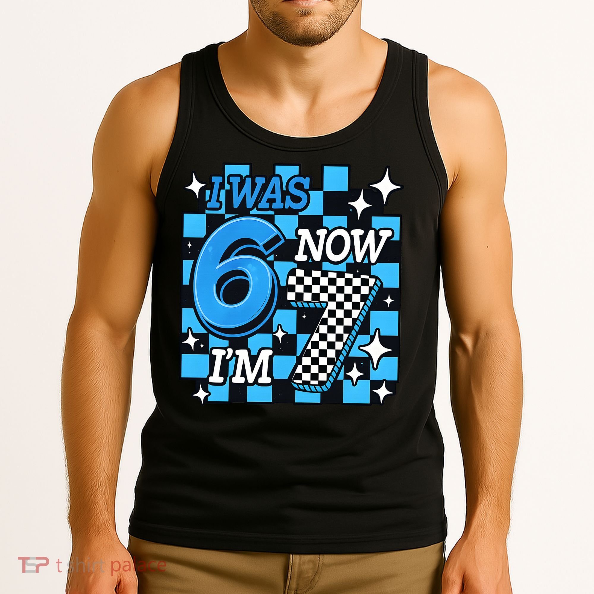 I Was 6 Now I'm 7 Birthday Bday Blue Checkered Tank Top