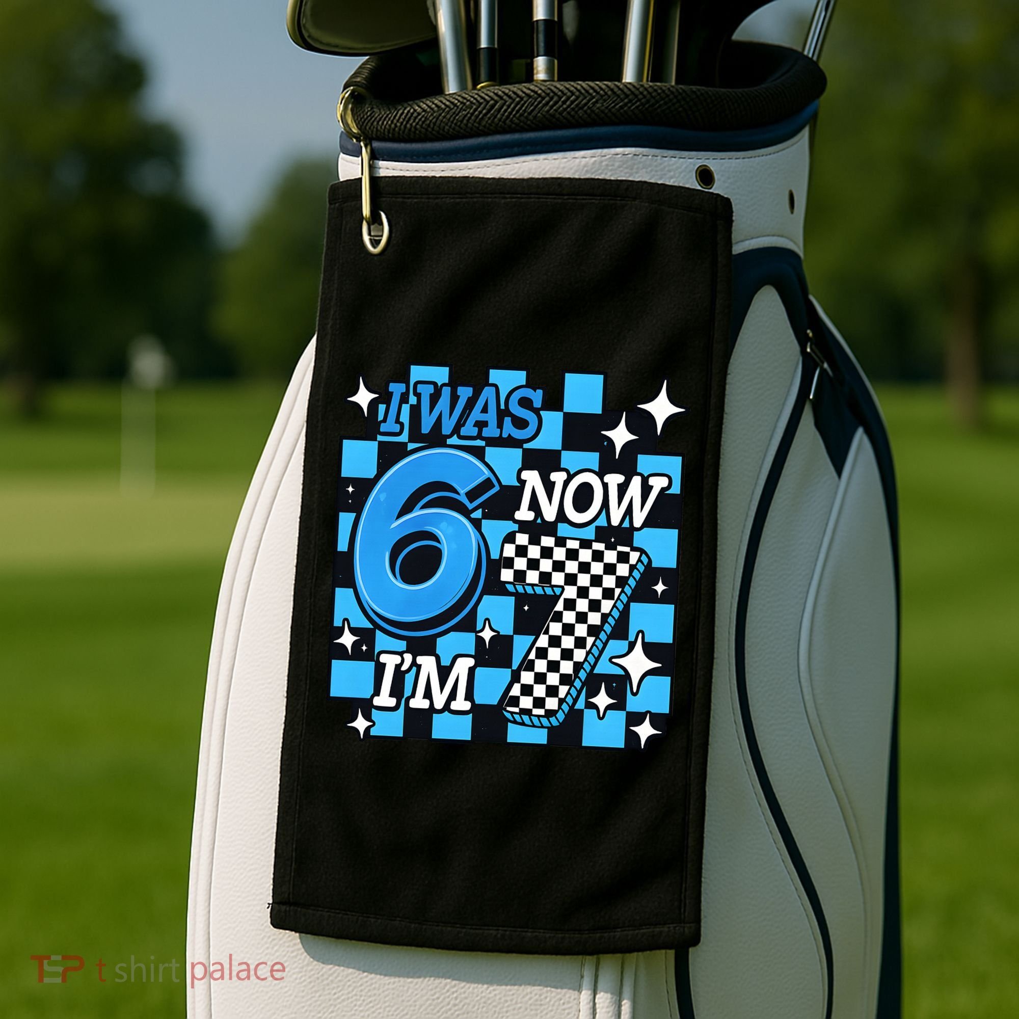 I Was 6 Now I'm 7 Birthday Bday Blue Checkered Golf Towel