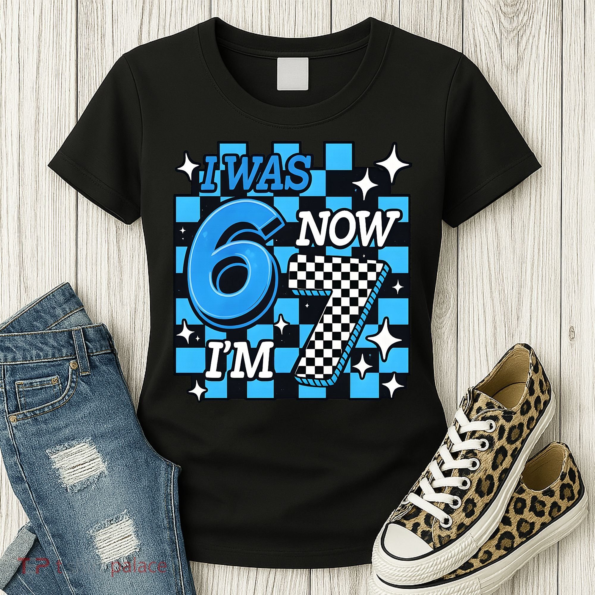 I Was 6 Now I'm 7 Birthday Bday Blue Checkered Women's T-Shirt