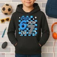 I Was 6 Now I'm 7 Birthday Bday Blue Checkered Kids Hoodie thumb 2