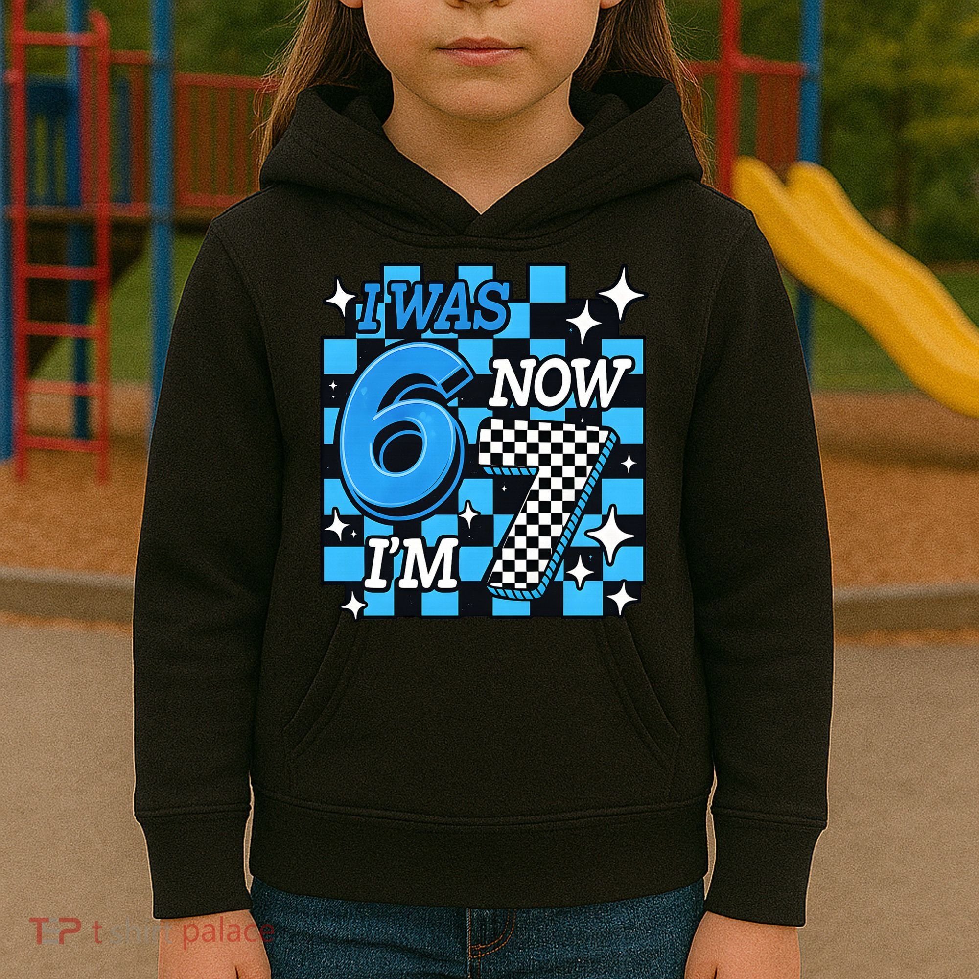 I Was 6 Now I'm 7 Birthday Bday Blue Checkered Kids Hoodie