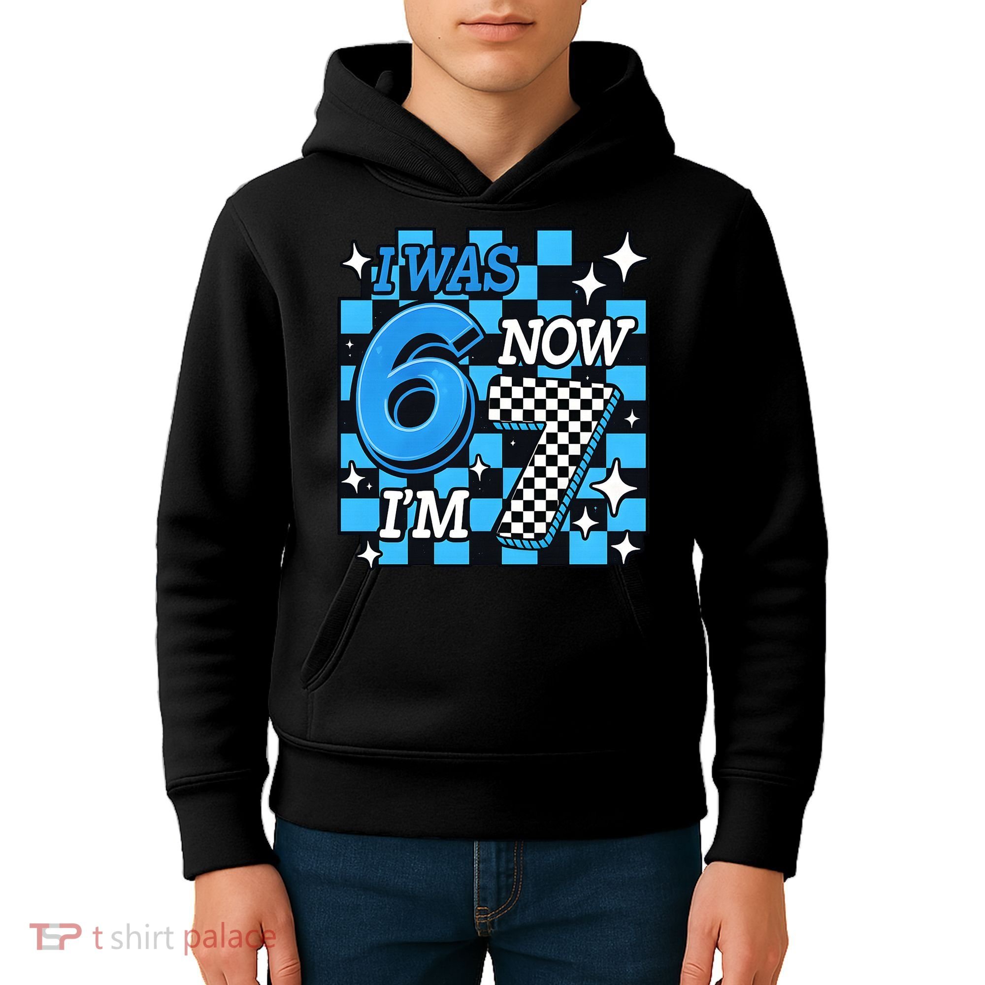 I Was 6 Now I'm 7 Birthday Bday Blue Checkered Kids Hoodie