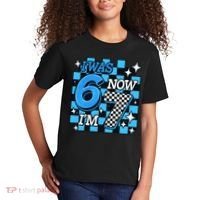 I Was 6 Now I'm 7 Birthday Bday Blue Checkered Kids T-Shirt thumb 2