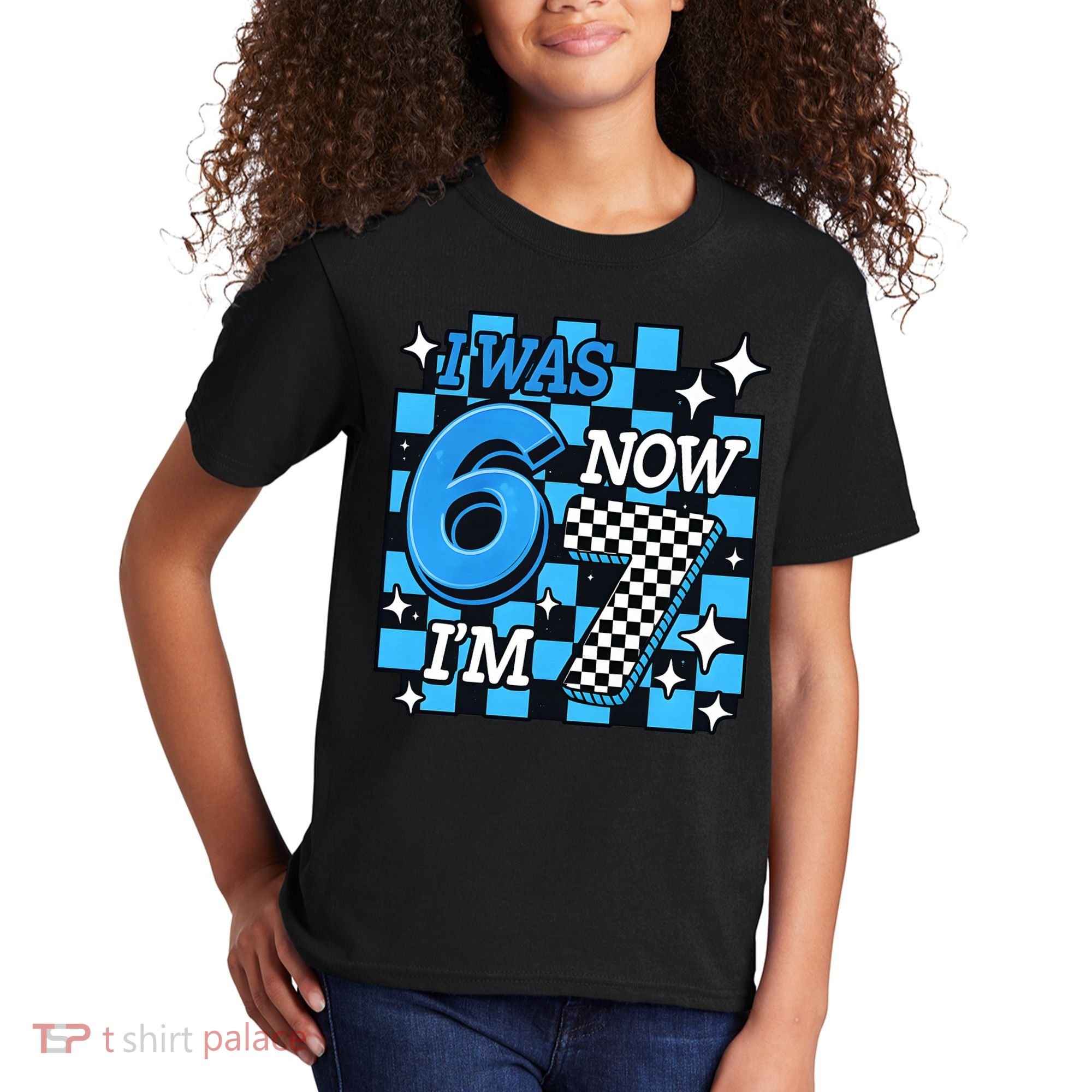I Was 6 Now I'm 7 Birthday Bday Blue Checkered Kids T-Shirt
