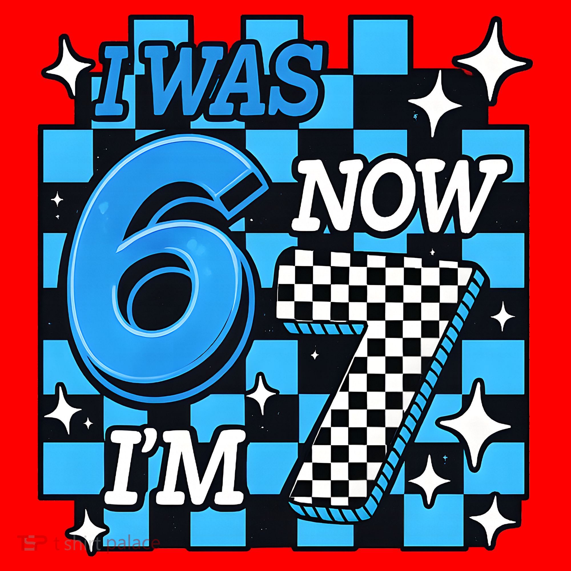 I Was 6 Now I'm 7 Birthday Bday Blue Checkered Santa Hat