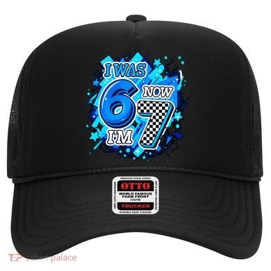 I Was 6 Now I'm 7 Birthday Blue Checkered Lightining  Hat