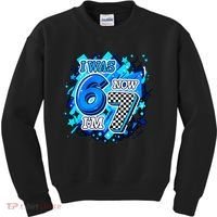 I Was 6 Now I'm 7 Birthday Blue Checkered Lightining  Kids Sweatshirt thumb 0