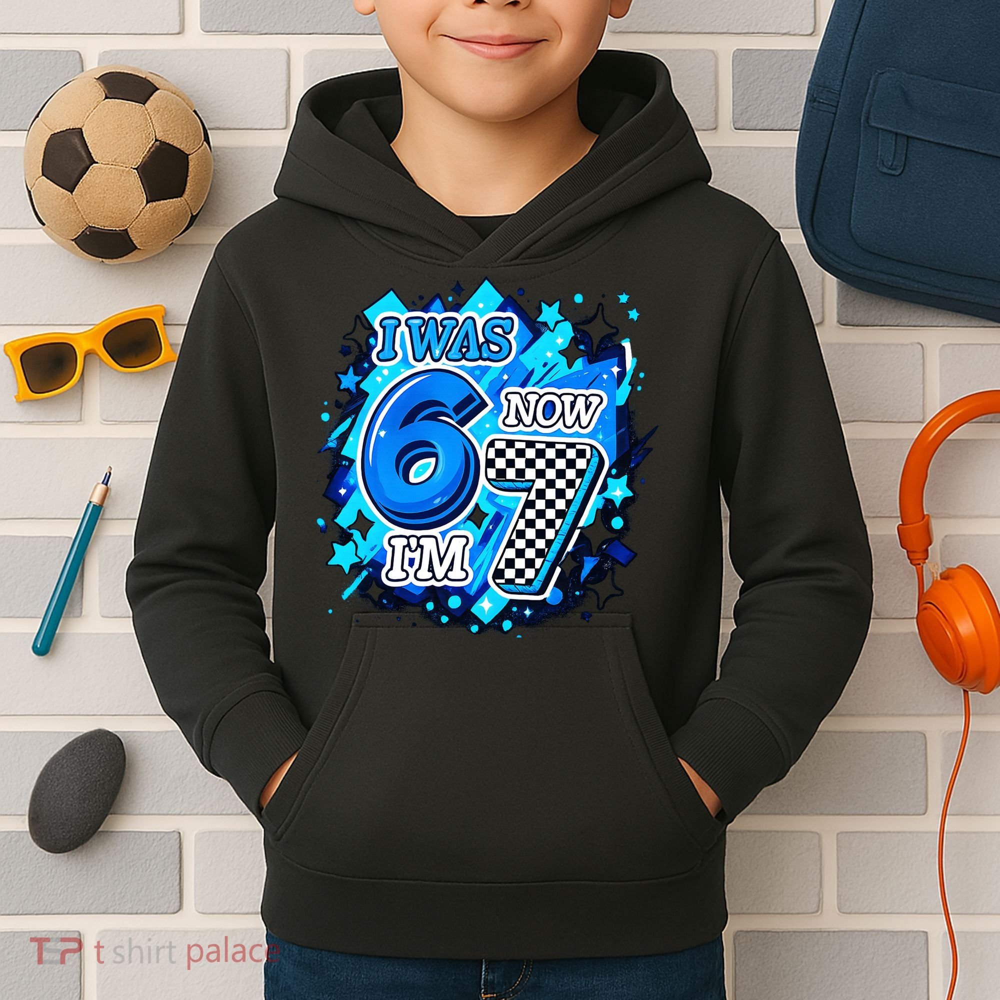 I Was 6 Now I'm 7 Birthday Blue Checkered Lightining  Kids Hoodie