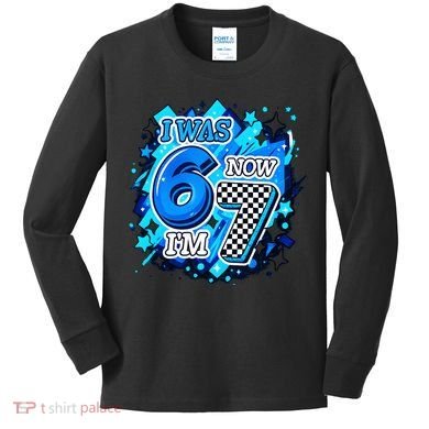 I Was 6 Now I'm 7 Birthday Blue Checkered Lightining  Kids Long Sleeve Shirt
