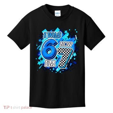 I Was 6 Now I'm 7 Birthday Blue Checkered Lightining  Kids T-Shirt