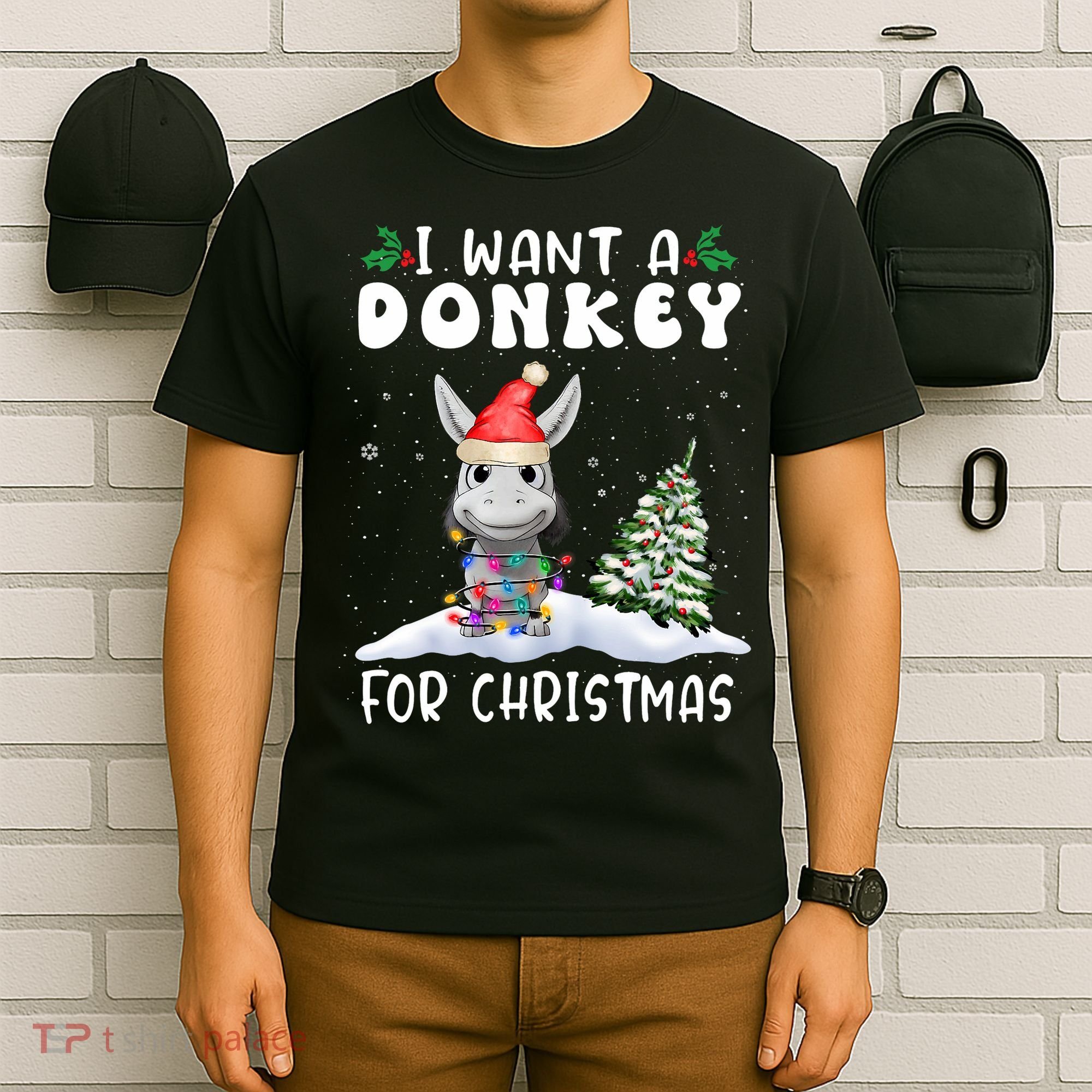 I Want A Donkey For Christmas Santa Hat Funny Xmas T-Shirt