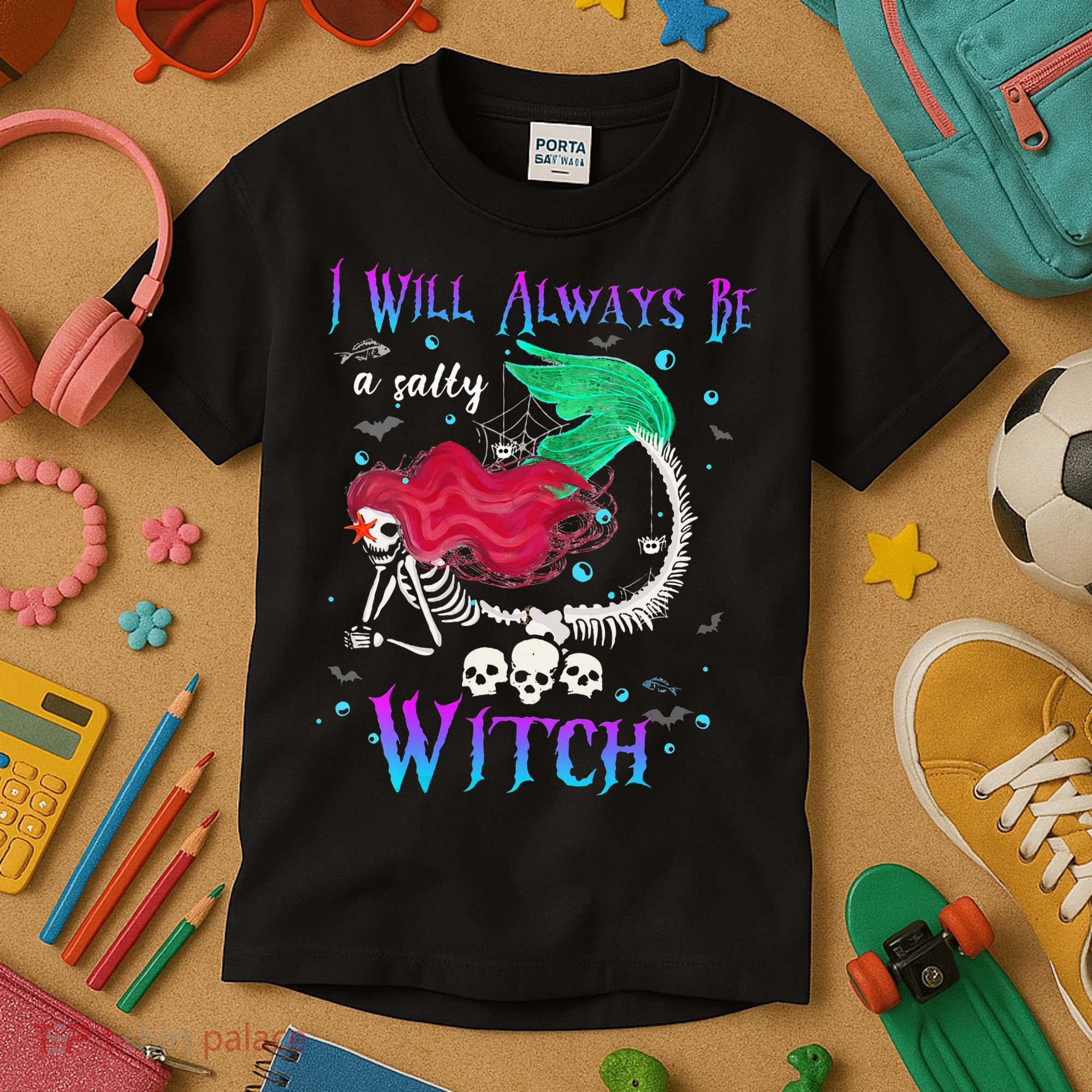 I Will Always Be A Salty Witch Halloween Mermaid Skeleton Kids T-Shirt