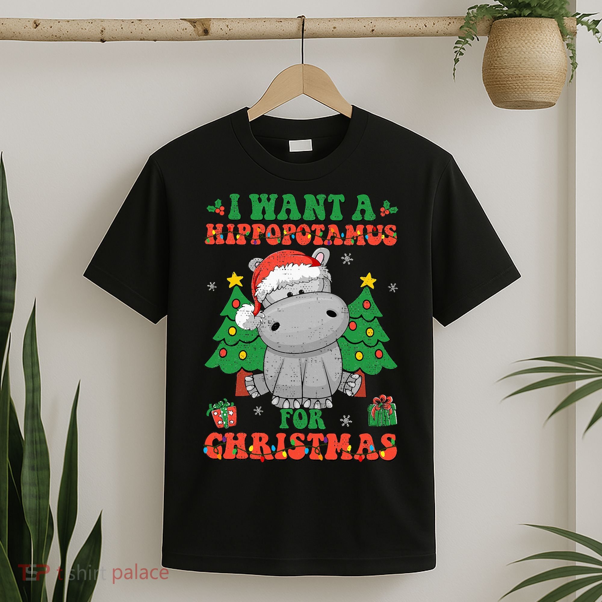 I Want A Hippopotamus For Christmas Lights Santa Hippo Xmas T-Shirt