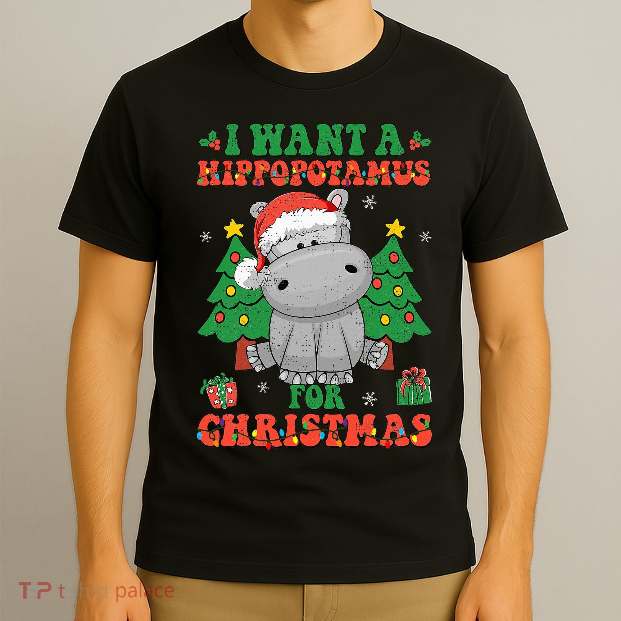 I Want A Hippopotamus For Christmas Lights Santa Hippo Xmas T-Shirt