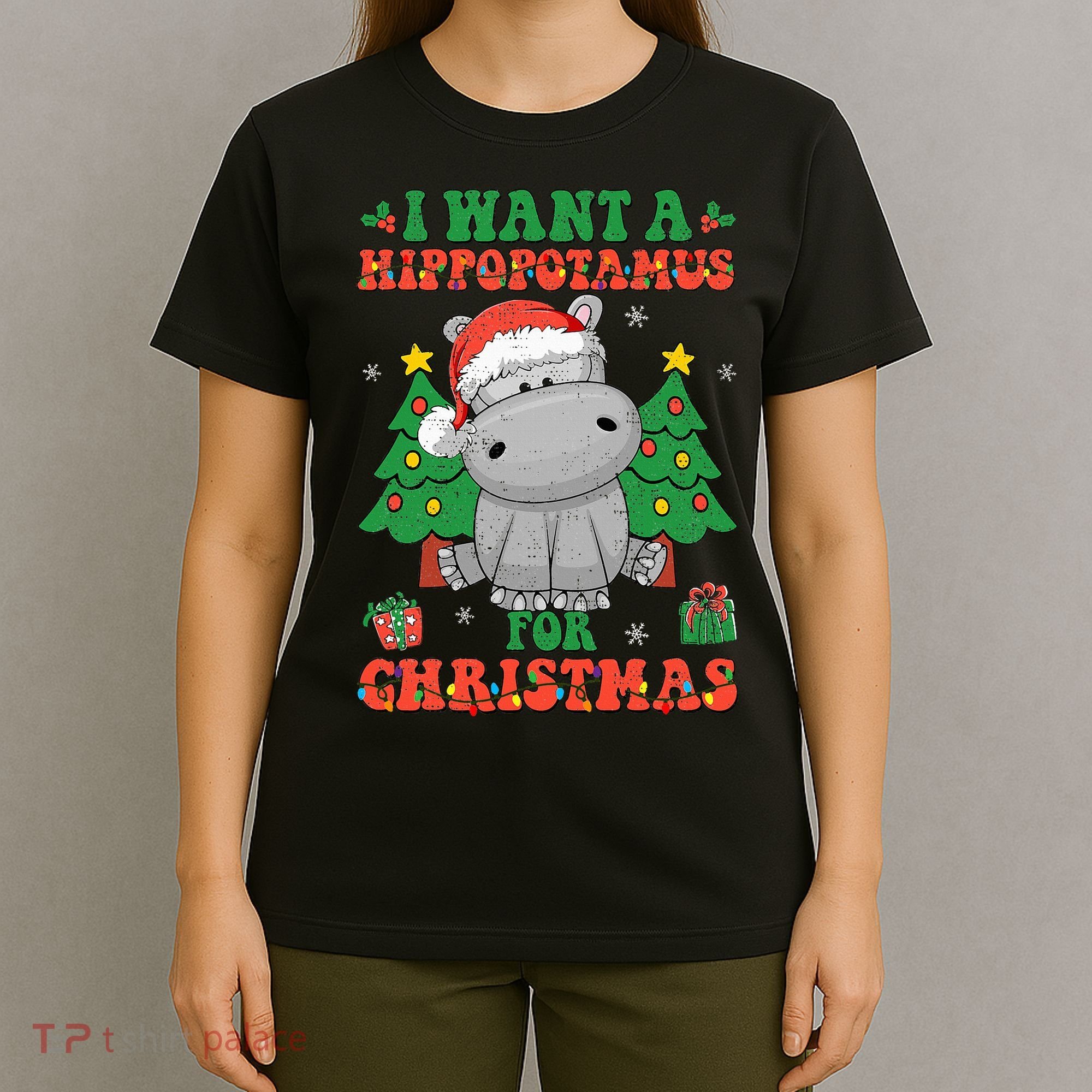 I Want A Hippopotamus For Christmas Lights Santa Hippo Xmas T-Shirt