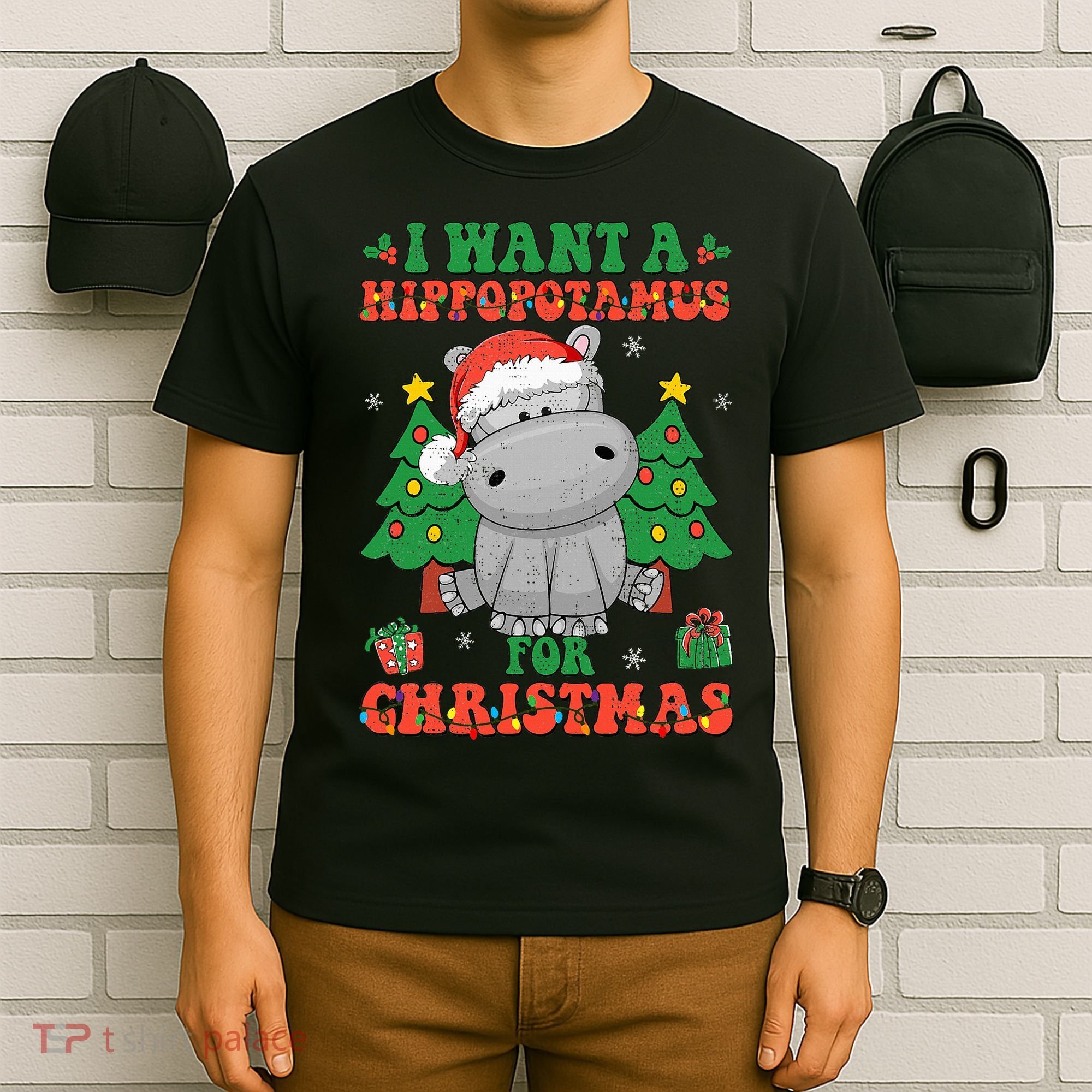 I Want A Hippopotamus For Christmas Lights Santa Hippo Xmas T-Shirt