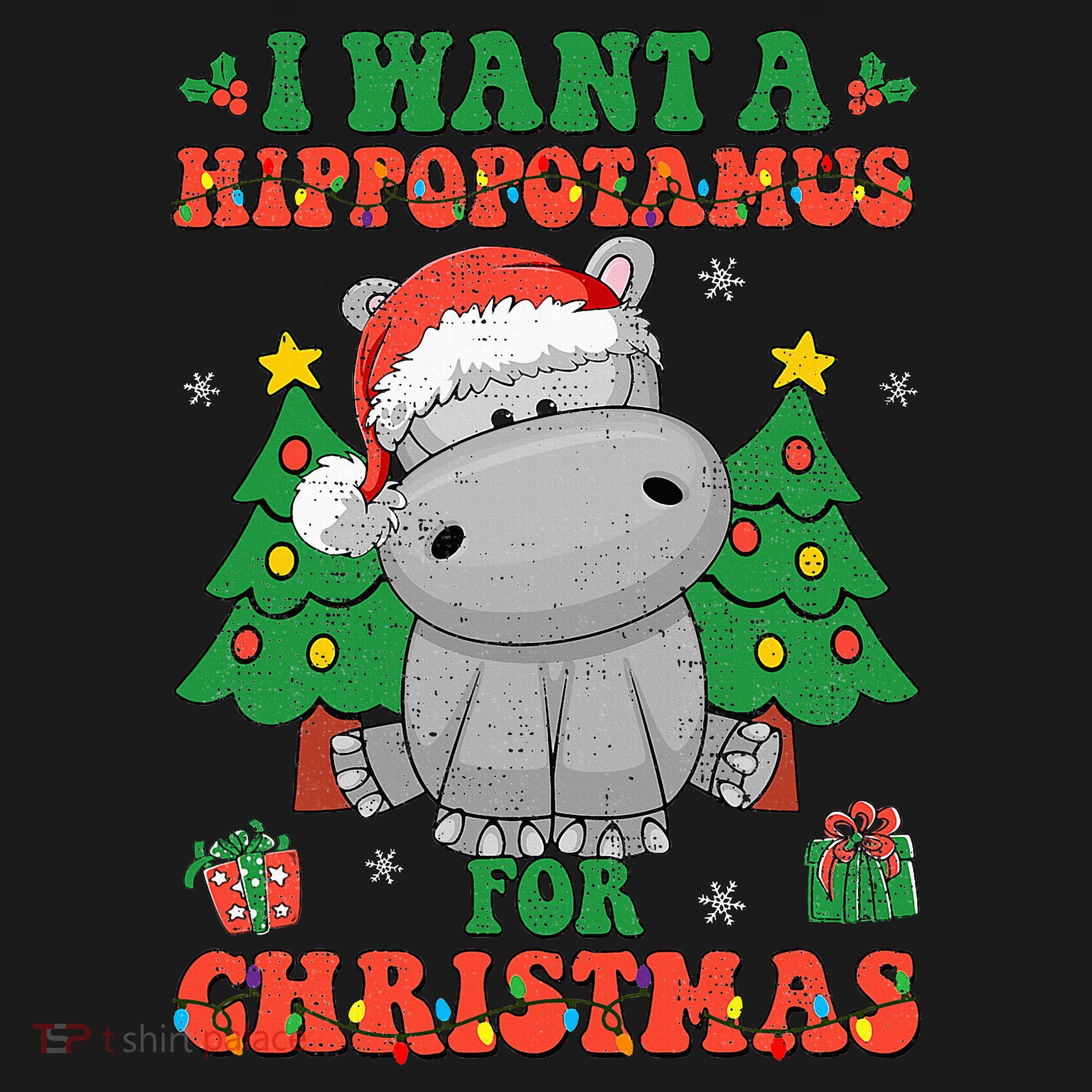 I Want A Hippopotamus For Christmas Lights Santa Hippo Xmas T-Shirt