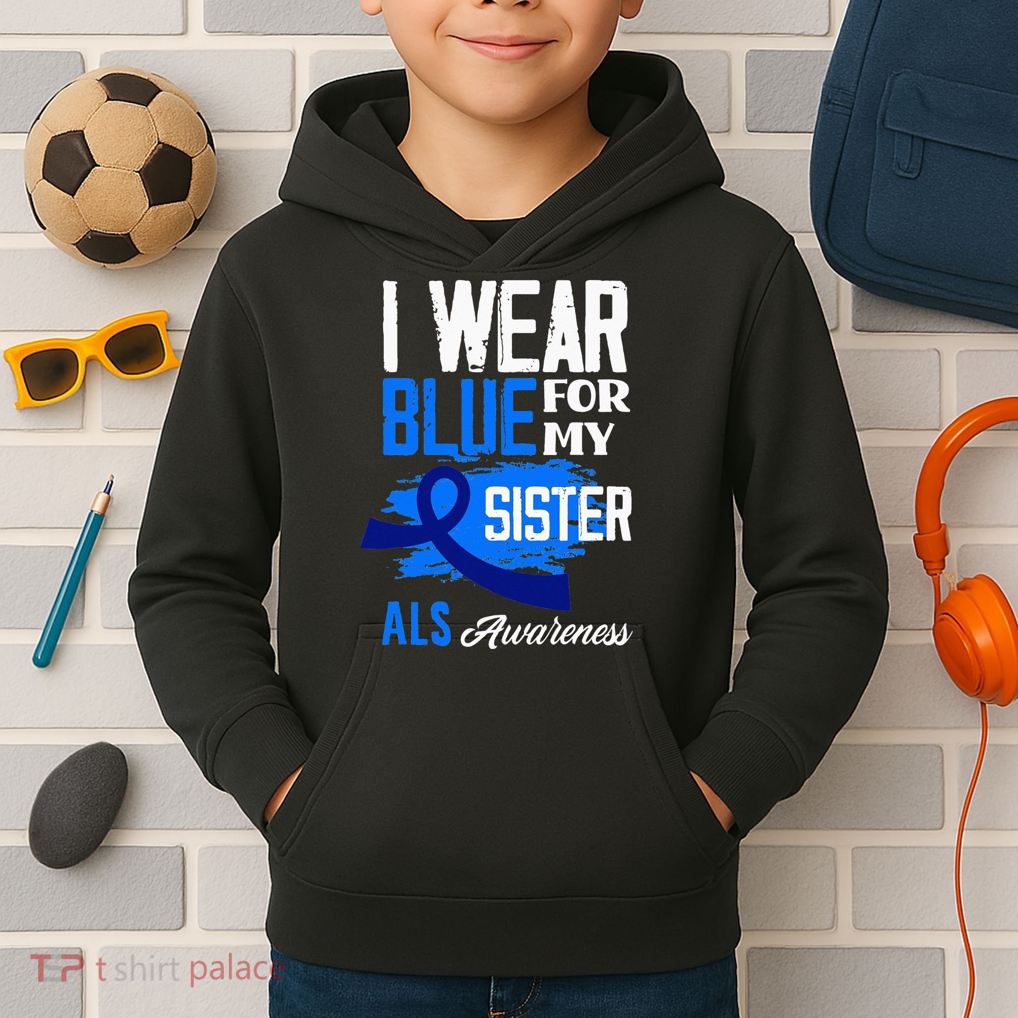 I Wear Blue For My Sister Support ALS Awareness Kids Hoodie