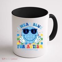 I Wear Blue For Autism Awareness Month Smile Face Peace Puzzle Coffee Mug thumb 1