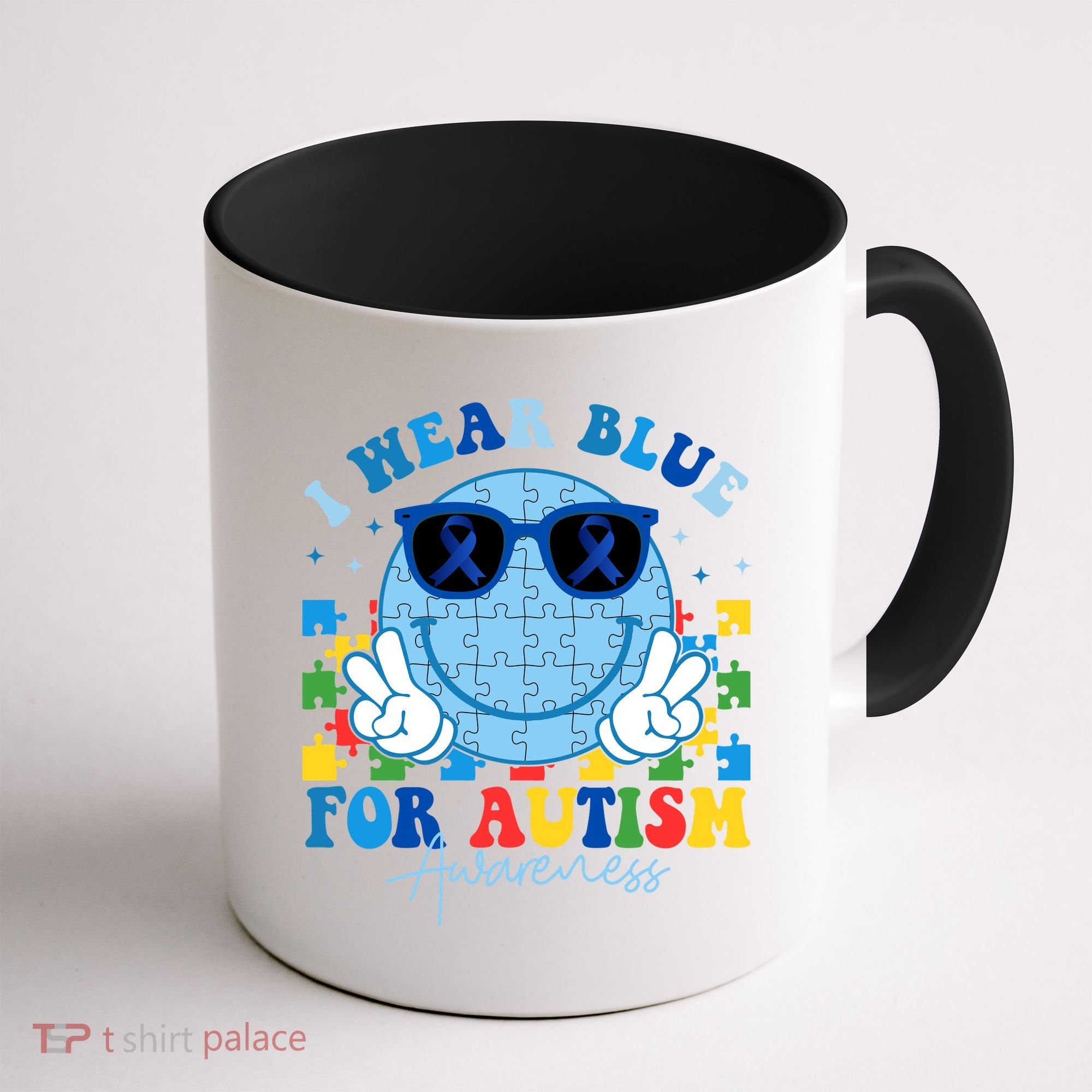 I Wear Blue For Autism Awareness Month Smile Face Peace Puzzle Coffee Mug