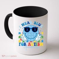 I Wear Blue For Autism Awareness Month Smile Face Peace Puzzle Coffee Mug thumb 0