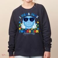 I Wear Blue For Autism Awareness Month Smile Face Peace Puzzle Women's Sweatshirt thumb 0