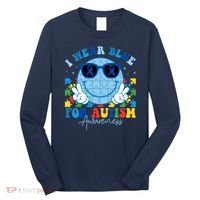 I Wear Blue For Autism Awareness Month Smile Face Peace Puzzle Long Sleeve Shirt thumb 0