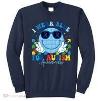 I Wear Blue For Autism Awareness Month Smile Face Peace Puzzle Sweatshirt thumb 0