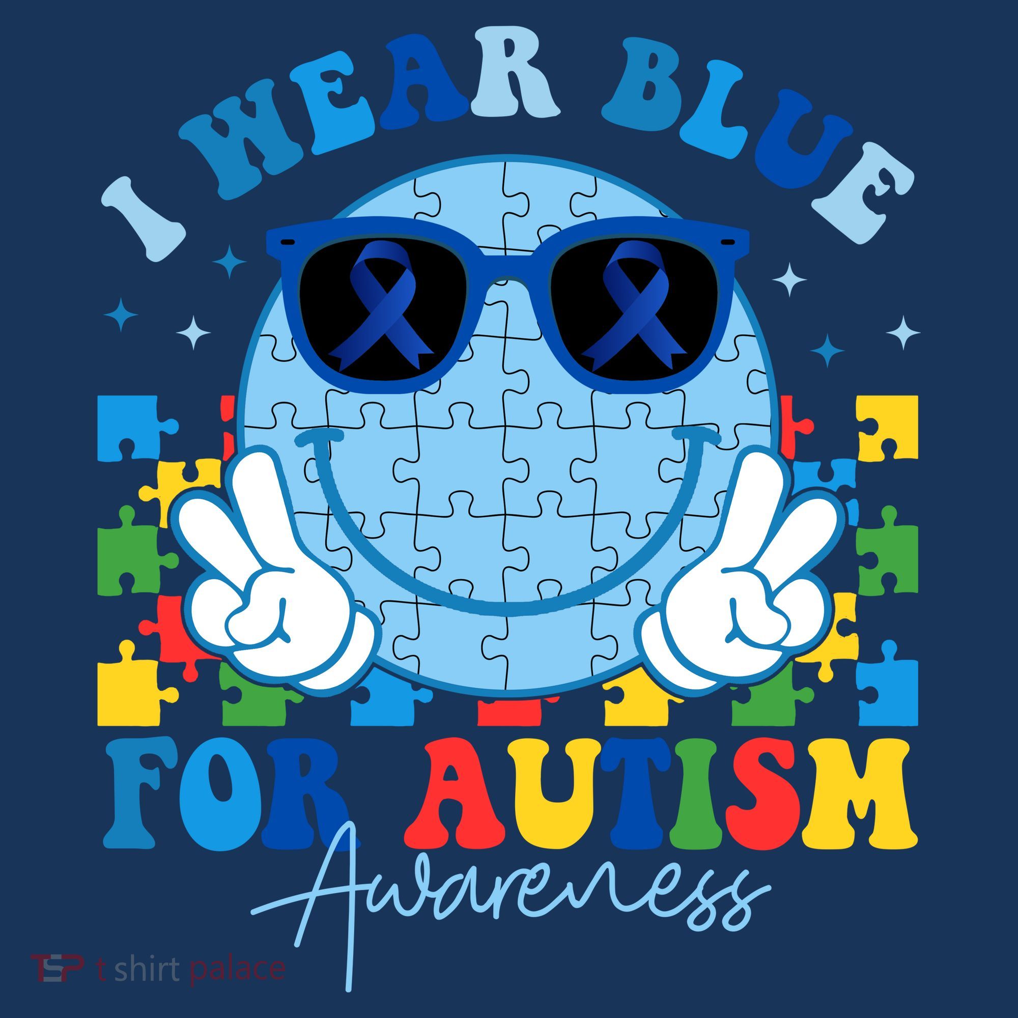 I Wear Blue For Autism Awareness Month Smile Face Peace Puzzle Sweatshirt