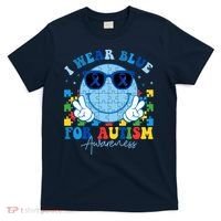 I Wear Blue For Autism Awareness Month Smile Face Peace Puzzle T-Shirt thumb 0
