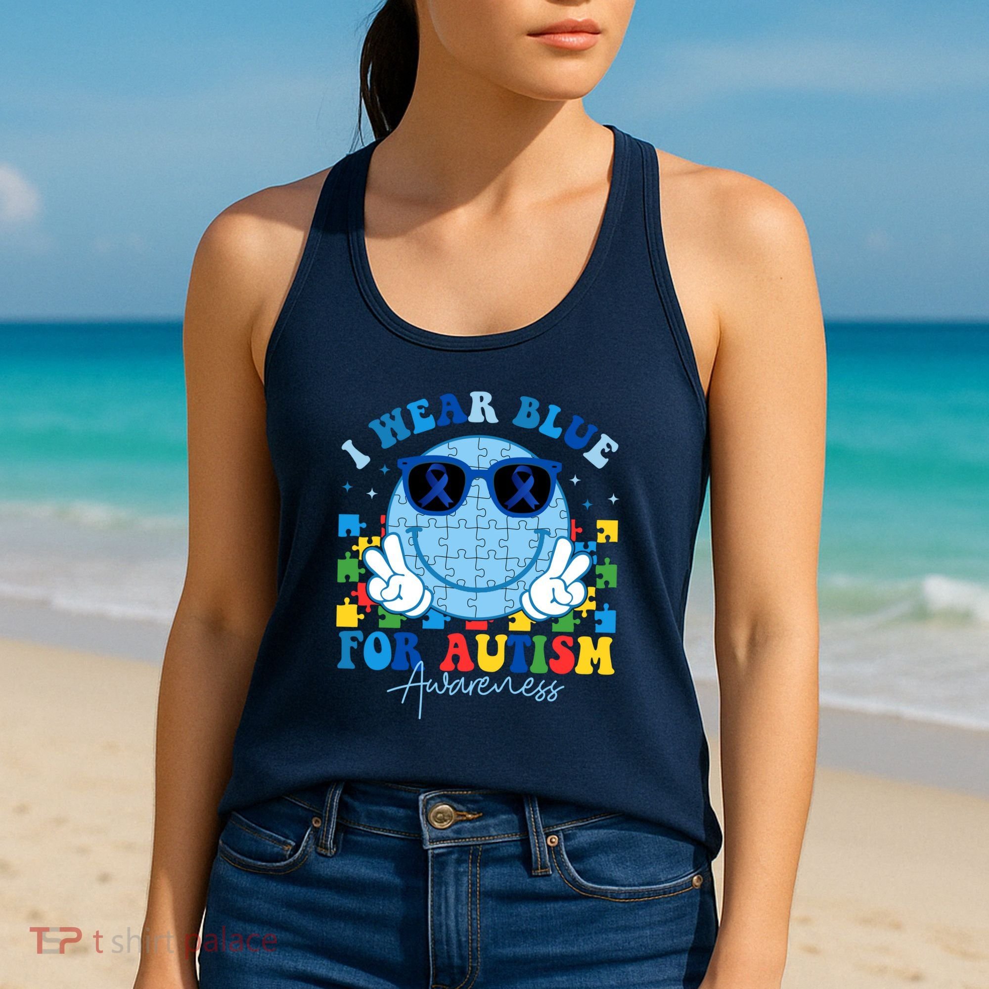 I Wear Blue For Autism Awareness Month Smile Face Peace Puzzle Women's Tank Top