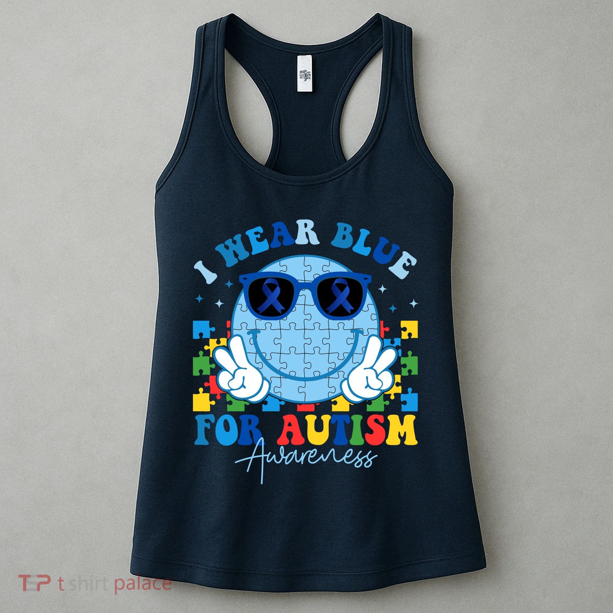 I Wear Blue For Autism Awareness Month Smile Face Peace Puzzle Women's Tank Top
