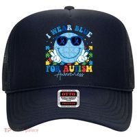 I Wear Blue For Autism Awareness Month Smile Face Peace Puzzle Hat thumb 0