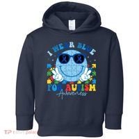 I Wear Blue For Autism Awareness Month Smile Face Peace Puzzle Toddler Hoodie thumb 0
