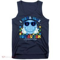 I Wear Blue For Autism Awareness Month Smile Face Peace Puzzle Tank Top thumb 0