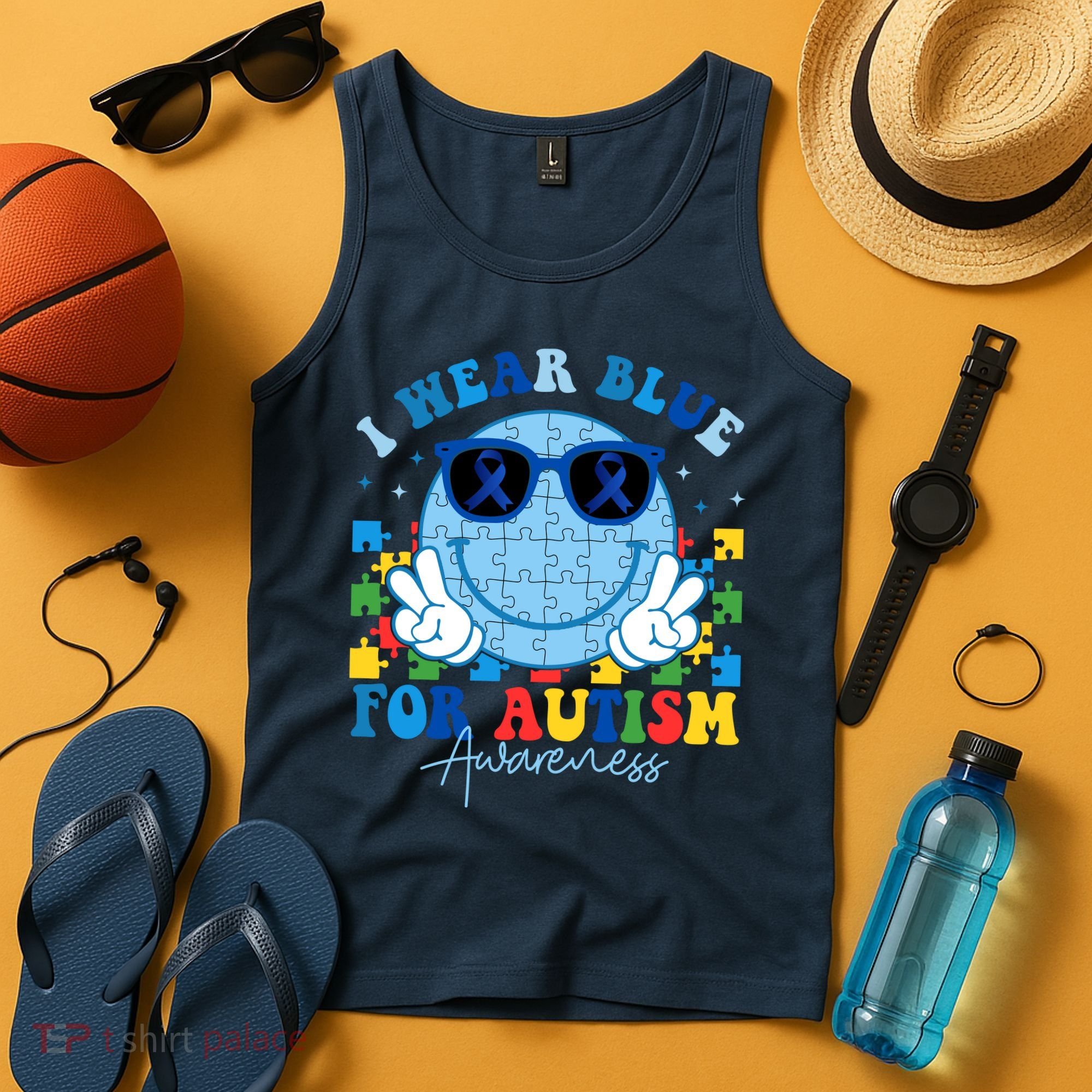 I Wear Blue For Autism Awareness Month Smile Face Peace Puzzle Tank Top