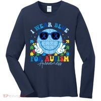 I Wear Blue For Autism Awareness Month Smile Face Peace Puzzle Women's Long Sleeve Shirt thumb 0