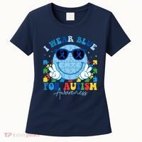 I Wear Blue For Autism Awareness Month Smile Face Peace Puzzle Women's T-Shirt thumb 0