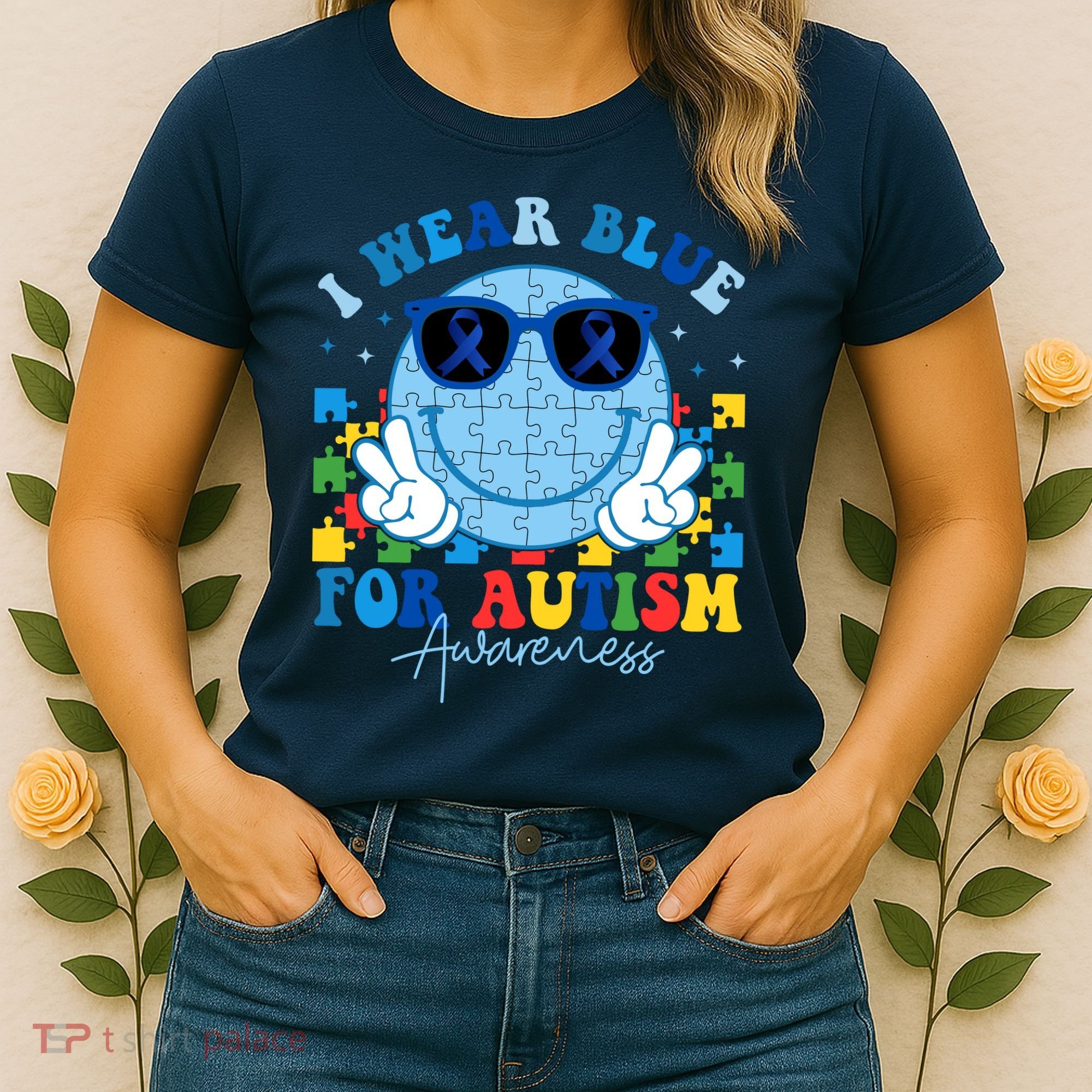 I Wear Blue For Autism Awareness Month Smile Face Peace Puzzle Women's T-Shirt
