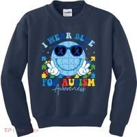 I Wear Blue For Autism Awareness Month Smile Face Peace Puzzle Kids Sweatshirt thumb 0